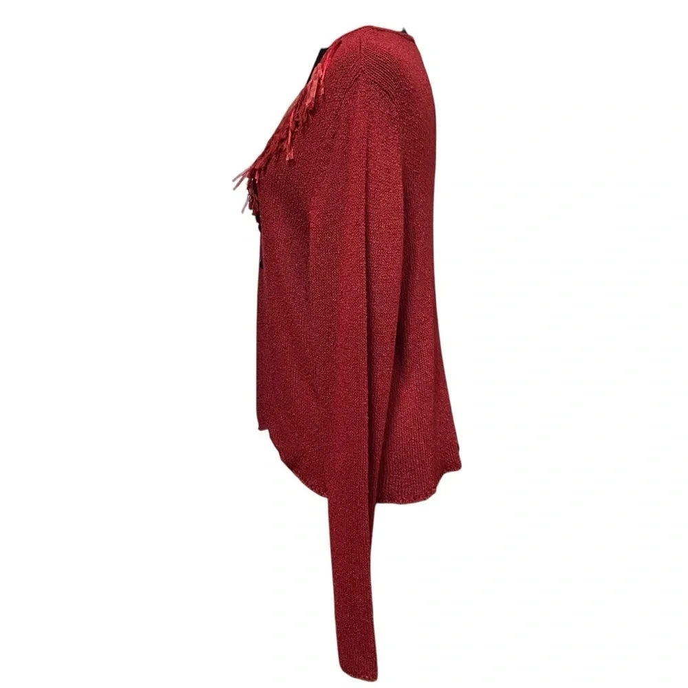 J Jill Red Silk Linen Fringe Cardigan Artsy Boho Sweater Lagenlook Medium - Picture 4 of 8
